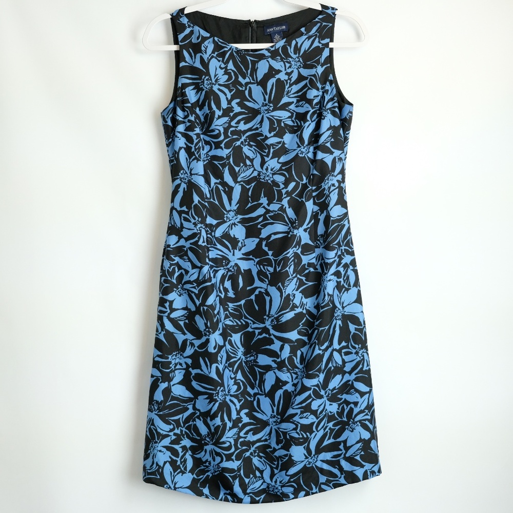 Ann Taylor Silk Blue Black Floral Shift Dress Sz 2 - Picture 4 of 8